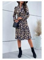 Elegante Vestido de Manga Larga con Estampado de Leopardo Cuello en V, Cintura Ajustada con Lazo, Falda Plisada 100% Poliéster - details 8