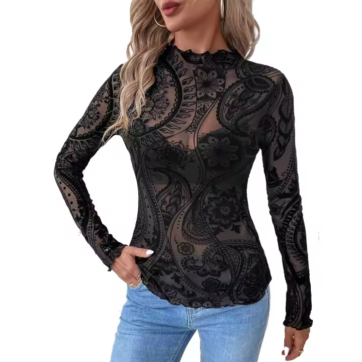 Nueva camiseta de manga larga con estampado de cachemira para mujer, camiseta de malla con orejas de madera - 1