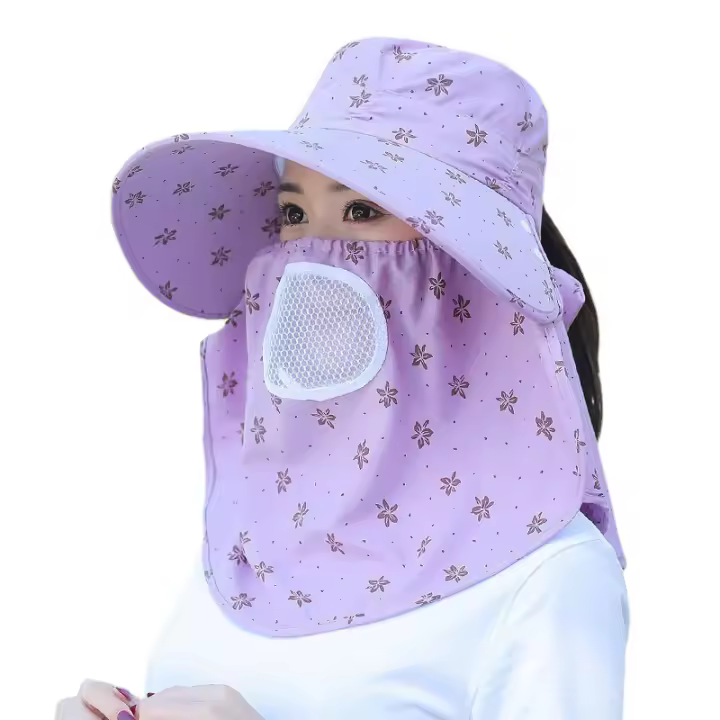 Gorra de Sol de Verano con Borla Grande Protección UV Gorra de Malla Facial Extraíble - 1