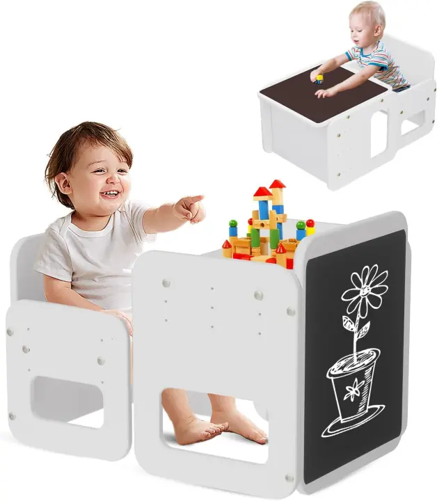 Conjunto de Mesa y Silla Montessori para Niños 2 en 1, de Madera Ajustable con Pizarra, Ideal para Actividades y Dibujo, Blanco - 1