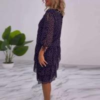 Primavera dibujo de lunares volantes pastel mujeres elegante cuello redondo espalda botón vestido de fiesta otoño 3/4 manga Tie-up hueco Vestidos nuevos - details 2