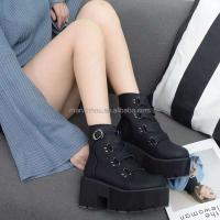 Dropshipping Logo estilo gótico Punk zapatos altos gruesos tacones grandes negros botines de mujer - details 2