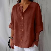 Camiseta de verano "Mujer 2025 con cuello en V, lino y algodón, holgada y transpirable, estilo boho-chic - Moda informal y elegante" "Mujer con cuello en V, algodón, transpirable, - Moda" - details 10
