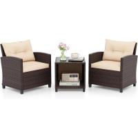 Conjunto de jardín exterior de ratán de 3 piezas, 1 mesa auxiliar de vidrio templado y 2 sillas con cojines, muebles de jardín terraza balcón exterior (negro) - details 26