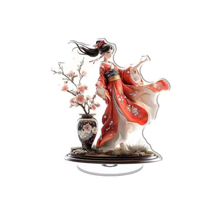 Adorno acrílico giratorio con una doncella celestial con un kimono rojo con patrones de constelaciones volando sobre flores de cerezo, capturando estrellas que caen junto a flores estelares. - 1