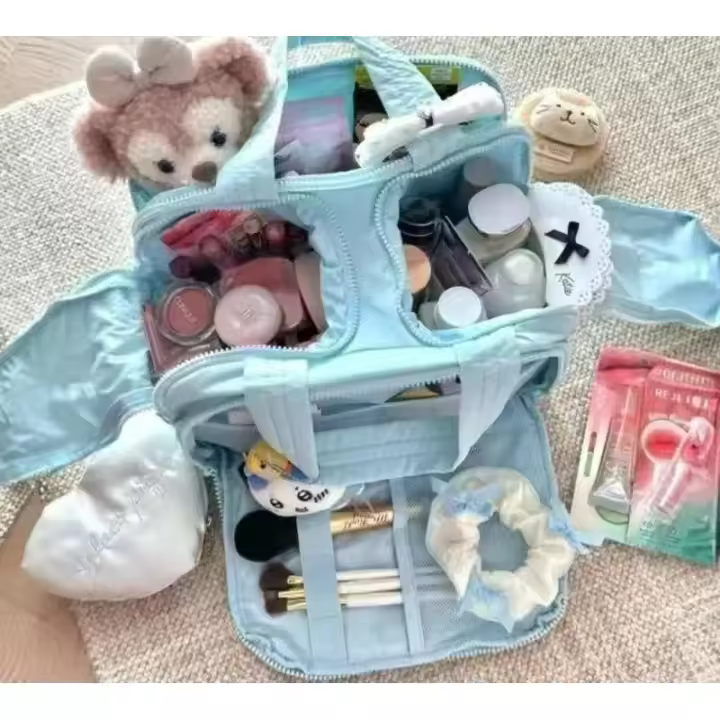 Bolsa de cosméticos esponjosa de doble apertura de gran capacidad, neceser portátil de viaje para mujer - 1