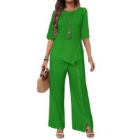 2025 Traje De Pantalones Con Dobladillo Irregular Para Mujer Elegante Moda Casual Botón Camisa De Media Manga Suelta Conjunto De Dos Piezas - details 6