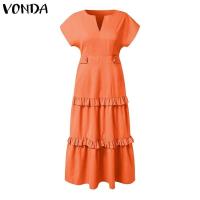 VONDA, vestido con volantes para mujer, verano 2025, vestido veraniego de Color sólido, Vestidos de playa con cuello en V, bata holgada informal bohemia de gran tamaño - details 6