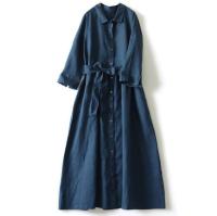 Vestido de lino para mujer, Túnica elegante de oficina de talla grande, Color sólido, línea A, Beige, azul, primavera, verano, 38, 36, 34, 32 - details 2