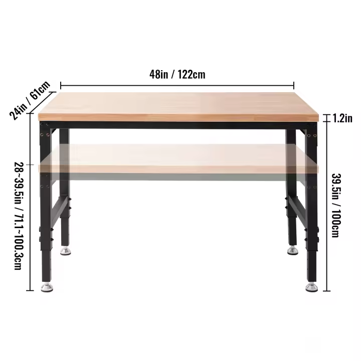 VEVOR banco de trabajo ajustable, mesa de garaje, con tomas de corriente, tapa de madera dura, marco de Metal y almohadillas para los pies, para oficina, hogar, garaje - 1