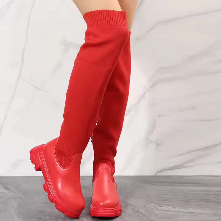 Botas de cuero por encima de la rodilla para mujer, zapatos de tacón grueso de punto rojo, terciopelo cálido, punta redonda, transpirables, talla grande, invierno, 2023 - 1