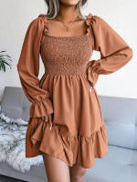 Vestido elegante de manga larga para mujer, falda de cuello cuadrado, de Color sólido vestido de volantes, moda de primavera y otoño - details 10