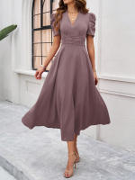 Primavera Verano elegante cintura con cuello en V Color sólido vestido de manga corta moda mujer - details 7