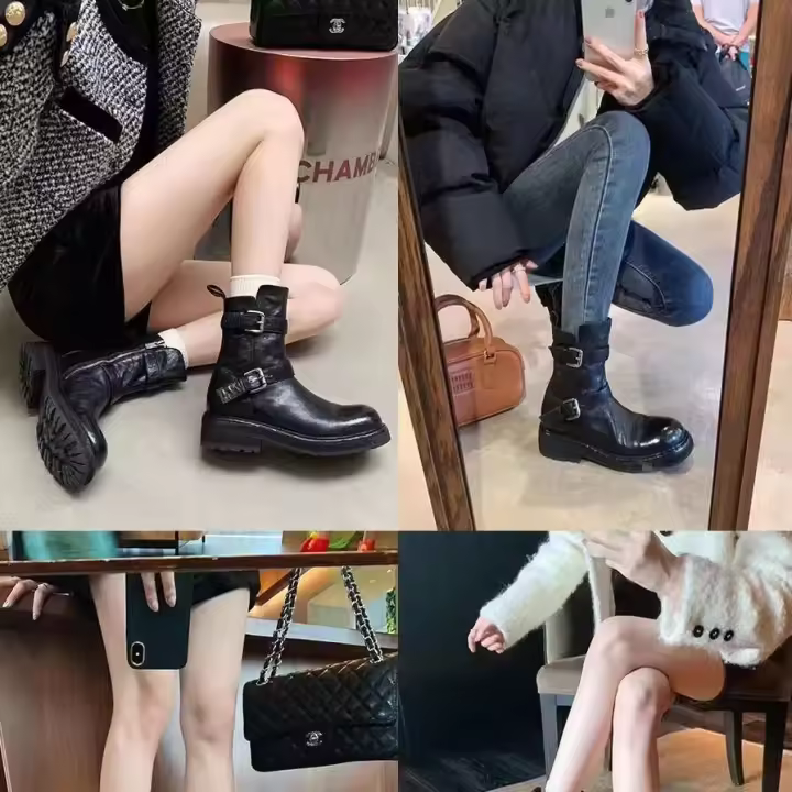 Tobillo con cremallera de color sólido con punta redonda y doble hebilla para mujer, botas de moto de cuero con parte superior - 1
