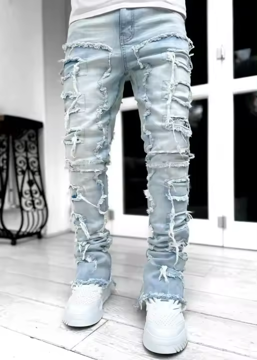 Pantalones Vaqueros Regulares para Hombre Estilo Hip Hop en Tela Destacada con Parches Ajustados - 1