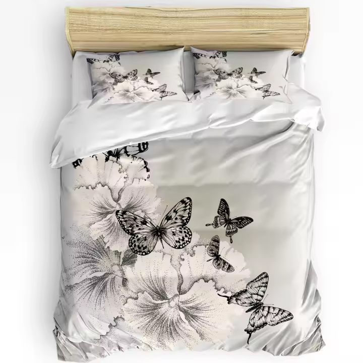 Sábana de Mariposa con Plumas y Flores para Hogar y Cama Dubte Textil con Funda de Almohada y Cubierta de Cama Sin Sábana para Doble Cama en Cuarto - 1