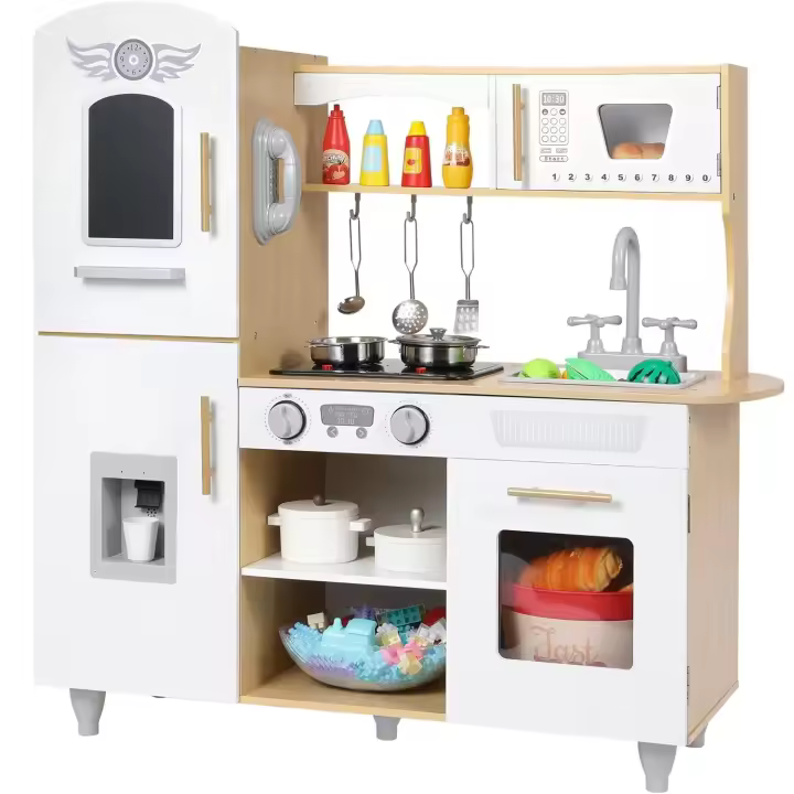 AuAg Juego de cocina de madera para niños pequeños, regalo de cocina de juguete para niños y niñas, juego de cocina, estufa y dispensador de agua con sonido - 1