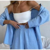 Conjunto de dos piezas de camisa de manga larga con cuello vuelto, botones y bolsillo, y pantalones cortos anchos de pierna, de algodón, estilo primaveral/veraniego. - details 23