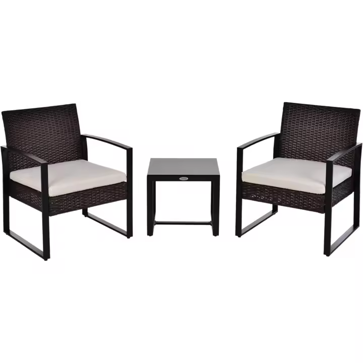 Conjunto de Mesa y Sillas de Jardín para Exterior Juego de 3 Piezas Sillas y Mesa de Ratán Incluye 2 Sillones y 1 Mesa de Centro de Vidrio Marrón - 1
