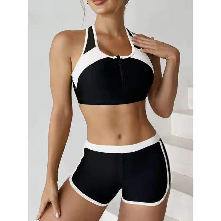 Conjunto de Bikini con cremallera para mujer, traje de baño de dos piezas con pantalón corto, traje de baño deportivo para mujer, ropa de playa para verano 2025 - 1