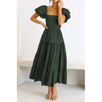 Vestido de manga corta fruncido con cuello cuadrado y espalda descubierta a la moda para mujer - details 8