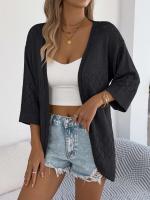 Cárdigan de punto con huecos de diamantes para mujer, Tops informales a prueba de sol, Color sólido, vacaciones de verano - details 8