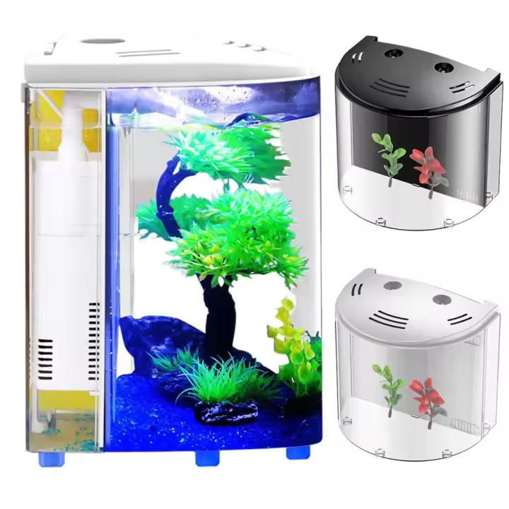 Bomba de agua, tanques de peces de escritorio, filtro de agua, luz Led, hábitats de cangrejo pequeños con plantas acuáticas de plástico silenciosas - 1