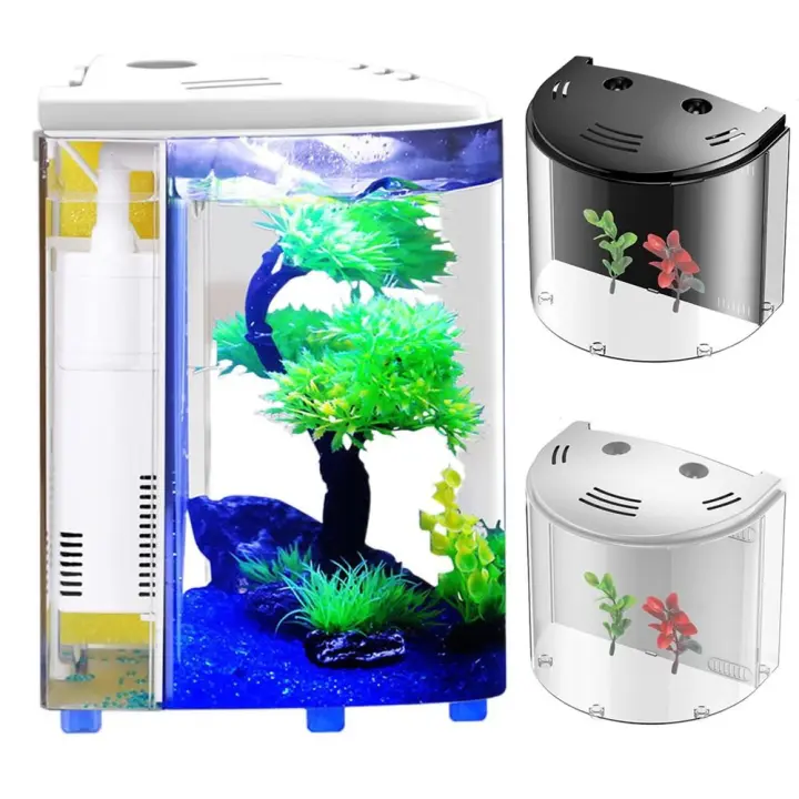 Bomba de agua, tanques de peces de escritorio, filtro de agua, luz Led, hábitats de cangrejo pequeños con plantas acuáticas de plástico silenciosas - 1