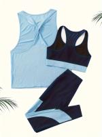 Conjunto de Yoga para Mujer - Sujetador Deportivo Acanalado de Alta Elasticidad con Detalle de Nudo y Leggings con Ribete de Contraste - Mezcla de Poliéster Transpirable, Lavable a Máquina - Perfecto para Todas las Estaciones - details 6