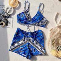 2021 nuevo 2 piezas de las mujeres pantalones cortos conjuntos de Bikini de moda de impresión Floral Vintage trajes de baño de cintura alta venda trajes de baño - details 4