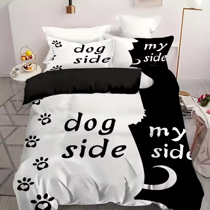 Funda de Edredón de Poliéster con Estampado de Perro Negro y Blanco 3PCS - 1