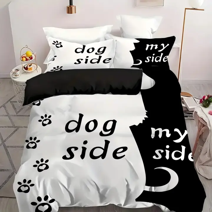 Funda de Edredón de Poliéster con Estampado de Perro Negro y Blanco 3PCS - 1