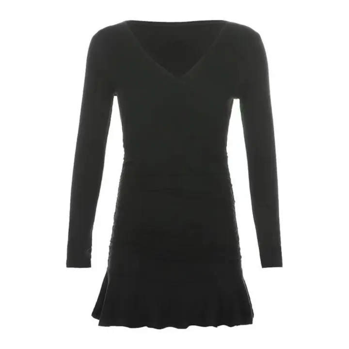 Falda elegante con volantes para mujer, falda ajustada a la cadera, cintura alta, cuello en V, vestido de manga larga, ropa de dormir plisada Y2k, vestido ajustado para Club - 1