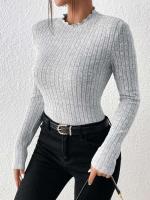 Top de punto de manga larga con cuello con volantes, camiseta interior a rayas con cuello medio para mujer, suéter informal de otoño-invierno - details 5