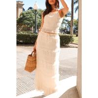 2025 Nuevo conjunto de dos piezas sin mangas de gasa con cintura elástica, conjunto de falda holgada para vacaciones - details 27