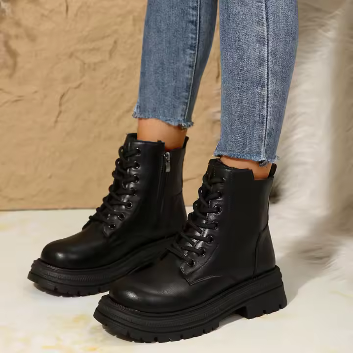 Botas de moto de cuero Pu para mujer, botas de tobillo cálidas con cordones de felpa, tacón plano beige negro, botas de algodón antideslizantes, invierno - 1