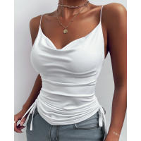 Top sin mangas con cuello drapeado y tirantes delgados para mujeresVCamisola sin mangas plisada de moda para el verano - details 3
