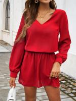 Minivestido informal de manga larga con cuello en V para mujer, color sólido, 2025 - details 15