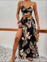 Vestido estampado sin mangas con cuello en V y corte Bo para mujer, vestidos sexys con abertura larga, media falda de moda, conjunto de verano ligero y elegante - details 4