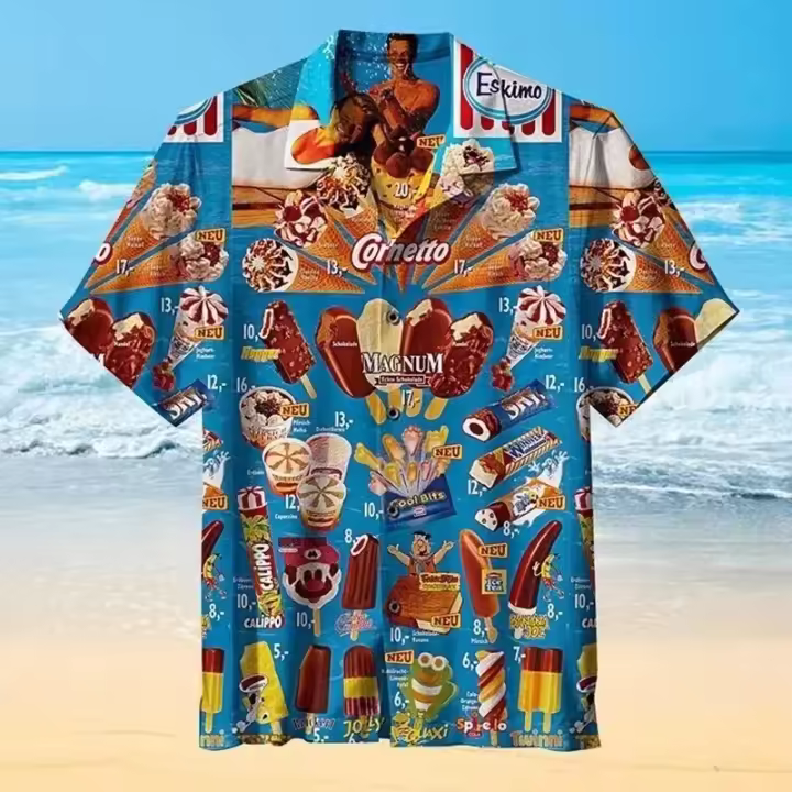 Camisa de verano para hombre, informal, manga corta, estampado de helado, camisa hawaiana 3D, ropa extragrande para hombre, camisa española para viaje a la playa - 1