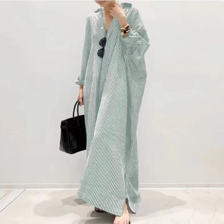 Vestido Largo de Moda para Mujer Primavera Otoño Rayas Recto Tubo Estilo Suelto con Siete Mangas - 1