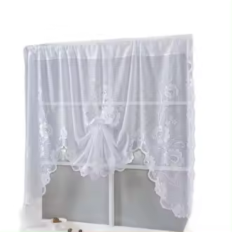 Cortina corta blanca con tres flores para sala de estar, cortina de ventana con cuerda para sujetar, estilo japonés y coreano, 100% poliéster - 1