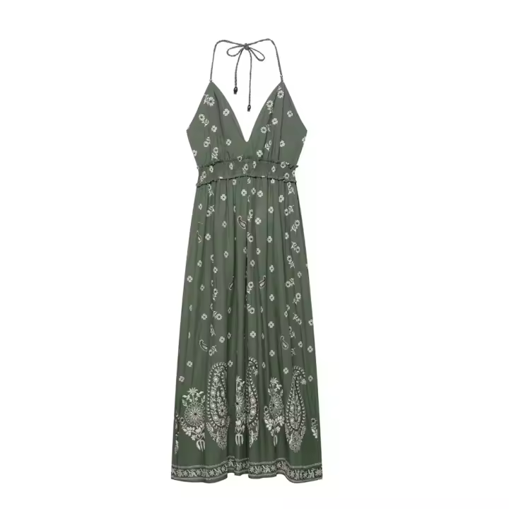 PB&ZA2025 elegante vestido largo con tirantes, cuello en V, estampado bordado y temperamento, ropa de mujer. - 1