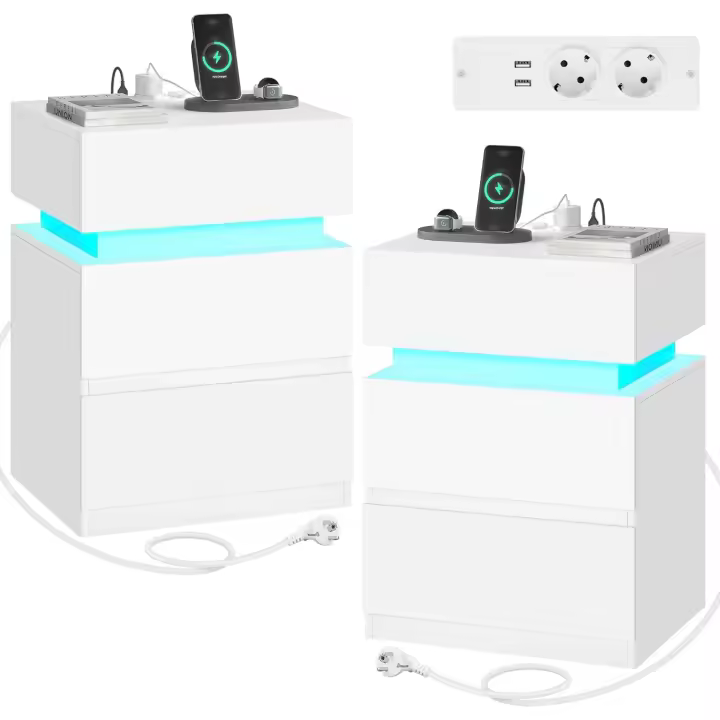 Piezas Mesita Noche con Estación de Carga, Mesita Noche con Luz LED, 2 Cajones, 2 Puertos, 2 Enchufes, Mesita Noche para Dormitorio, Blanco, NTS23ws-2 - 1