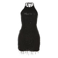 BUNO-minivestido brillante con borlas y retales para mujer, Vestido ajustado con cuello Halter, impresio - details 6