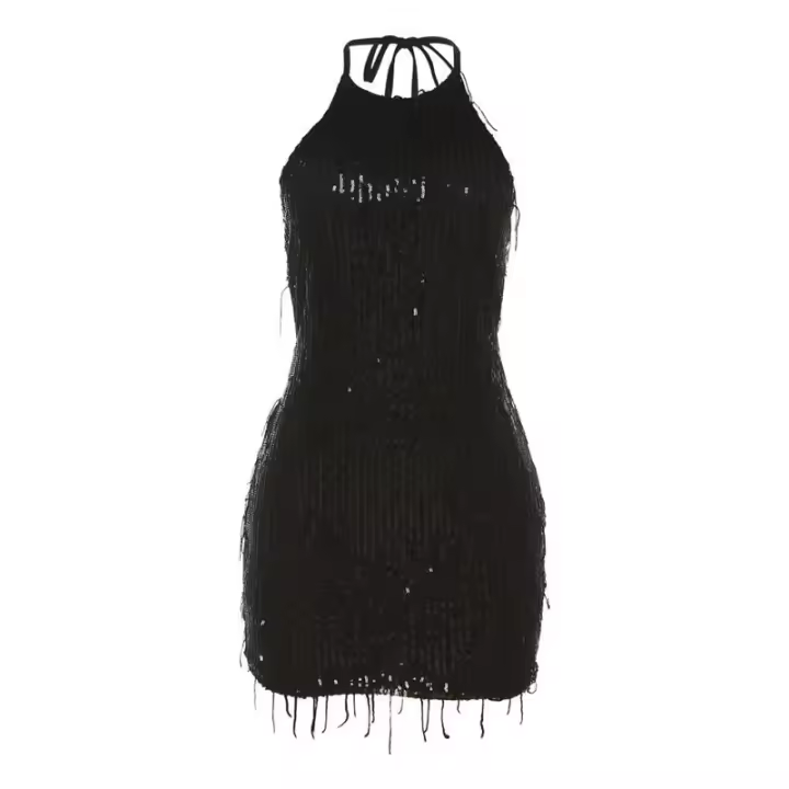 BUNO-minivestido brillante con borlas y retales para mujer, Vestido ajustado con cuello Halter, impresio - 1