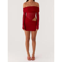 Vestido de Malla Corto con Hombros Descubiertos para Mujer Color Sólido, Ajuste en Forma de U, Manga Larga, Espalda Descubierta, Ideal para Fiestas - details 2