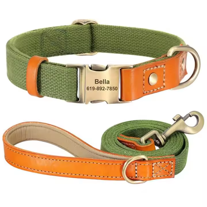 perro personalizado, conjunto correa, Collar cuero nailon perros, collares personalizados con etiqueta identificación mascotas, - 1