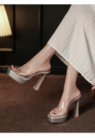Transparente tacones altos impermeable mesa de una palabra cristal zapatillas frescas tacón grueso hermoso desgaste exterior verano super tacón alto - details 22