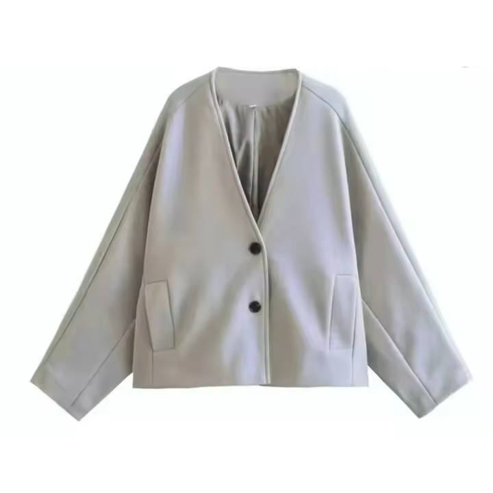 BUNO-Abrigo corto liso a la moda para mujer, abrigos elegantes con manga acampanada y un solo pecho con cuello en V para mujer, chaquetas de oficina para otoño 2025 - 1